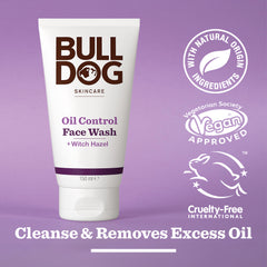A tube of Oil Control Face Wash for men with witch hazel stands on a purple background. Badges highlight natural origin ingredients, vegan approval, and cruelty-free status. Text below reads: Cleanse & Removes Excess Oil.