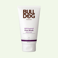 A 150 ml tube of Oil Control Face Wash for men with witch hazel and natural origin ingredients is shown against a light background. The packaging is white with brown and purple text.