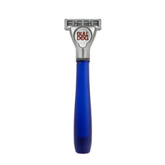 The Sensitive Glass Razor, designed for sensitive skin with a blue handle, silver blade head, and the BULL DOG logo above the blades, is shown against a white background.