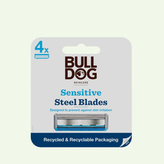 A package of Sensitive Steel Blades includes four tempered steel replacement blades in recycled, recyclable packaging, designed to help prevent skin irritation.