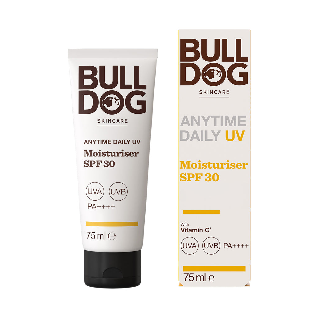 A tube and box of Anytime Daily Moisturiser SPF 30, 75ml, with UVA/UVB protection, PA++++ rating, Vitamin C+ on the label, plus brown and yellow text.