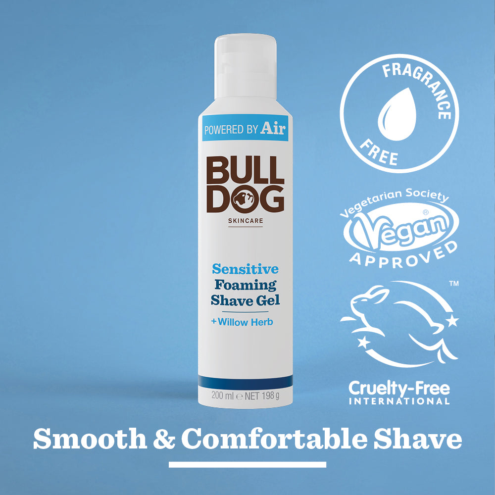 A can of Sensitive Foaming Shave Gel is displayed on a blue background, with icons showing it is fragrance-free, vegan, and cruelty-free. Made with baobab oil for sensitive skin. Text: Smooth & Comfortable Shave.