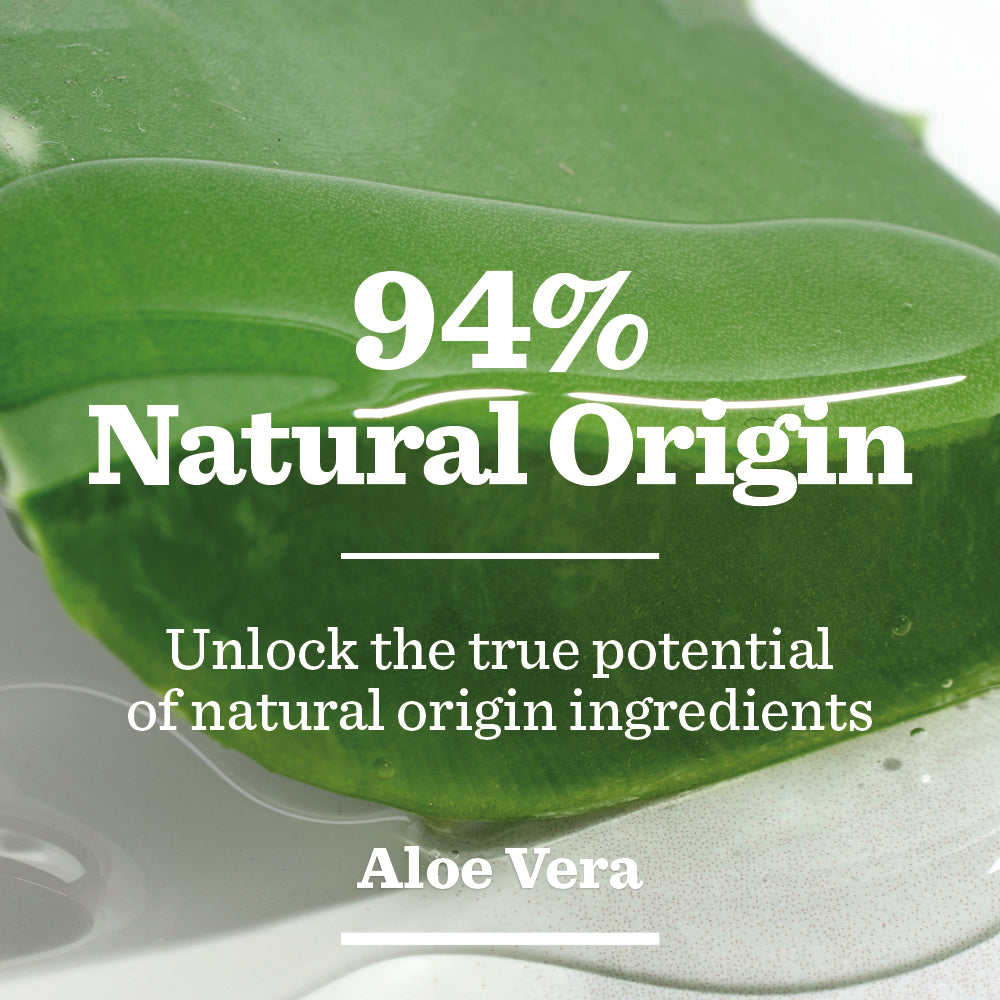 Close-up of a green aloe vera leaf with clear gel, overlaid with text: “Original Face Wash. 94% Natural Origin. Powered by Aloe Vera to unlock natural origin ingredients for men’s skincare.”.