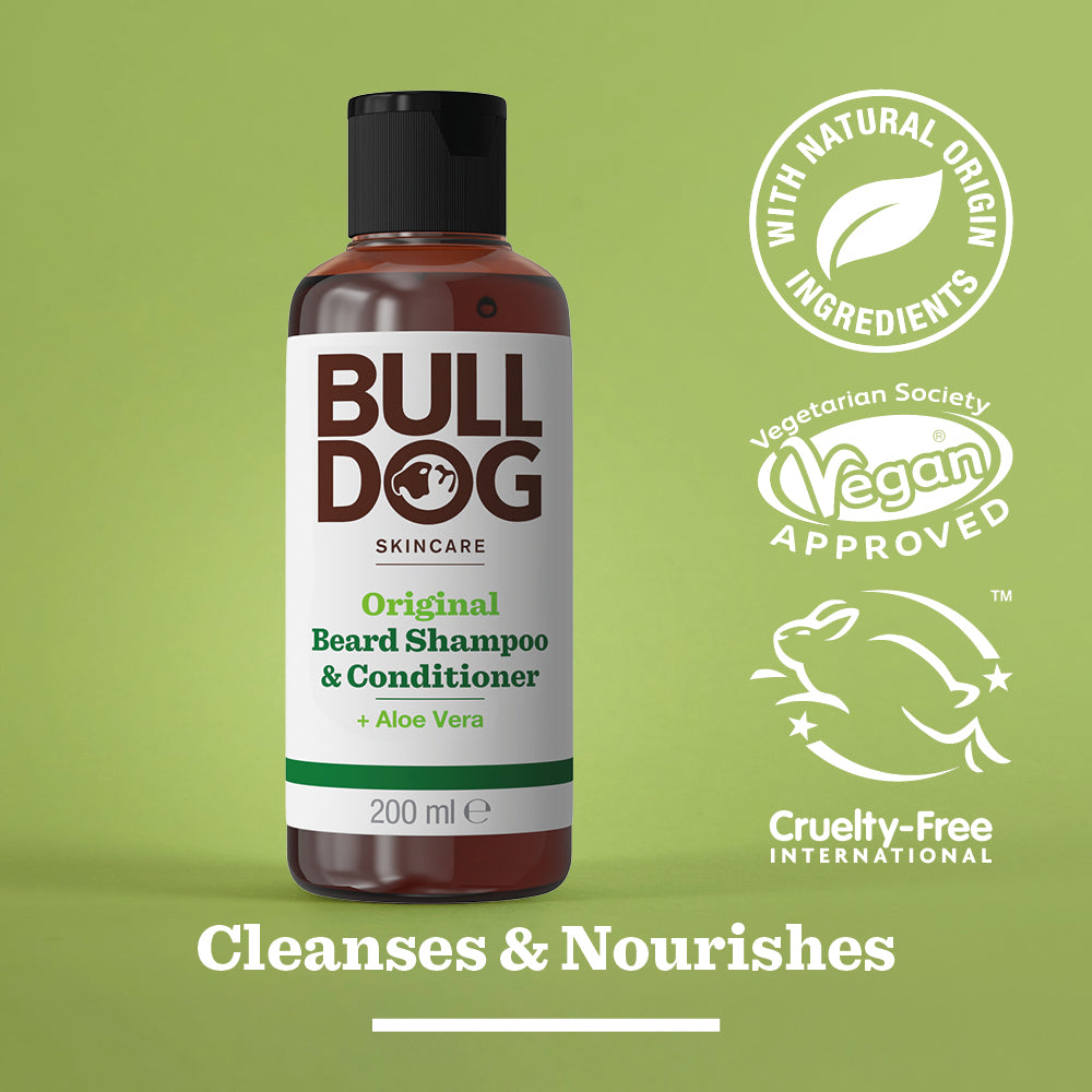 The Beard Collection Bundle is displayed on a green background next to vegan, cruelty-free, and natural origin logos. Part of the Original Beard range—text below reads: Cleanses & Nourishes.