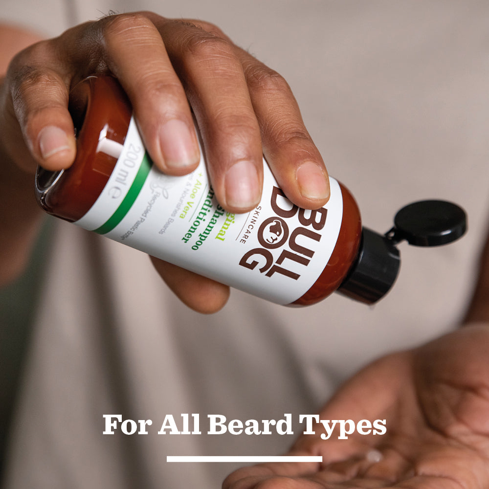 A person pours Beard Collection Bundle shampoo and conditioner into their hand. Text at the bottom reads, For All Beard Types.
