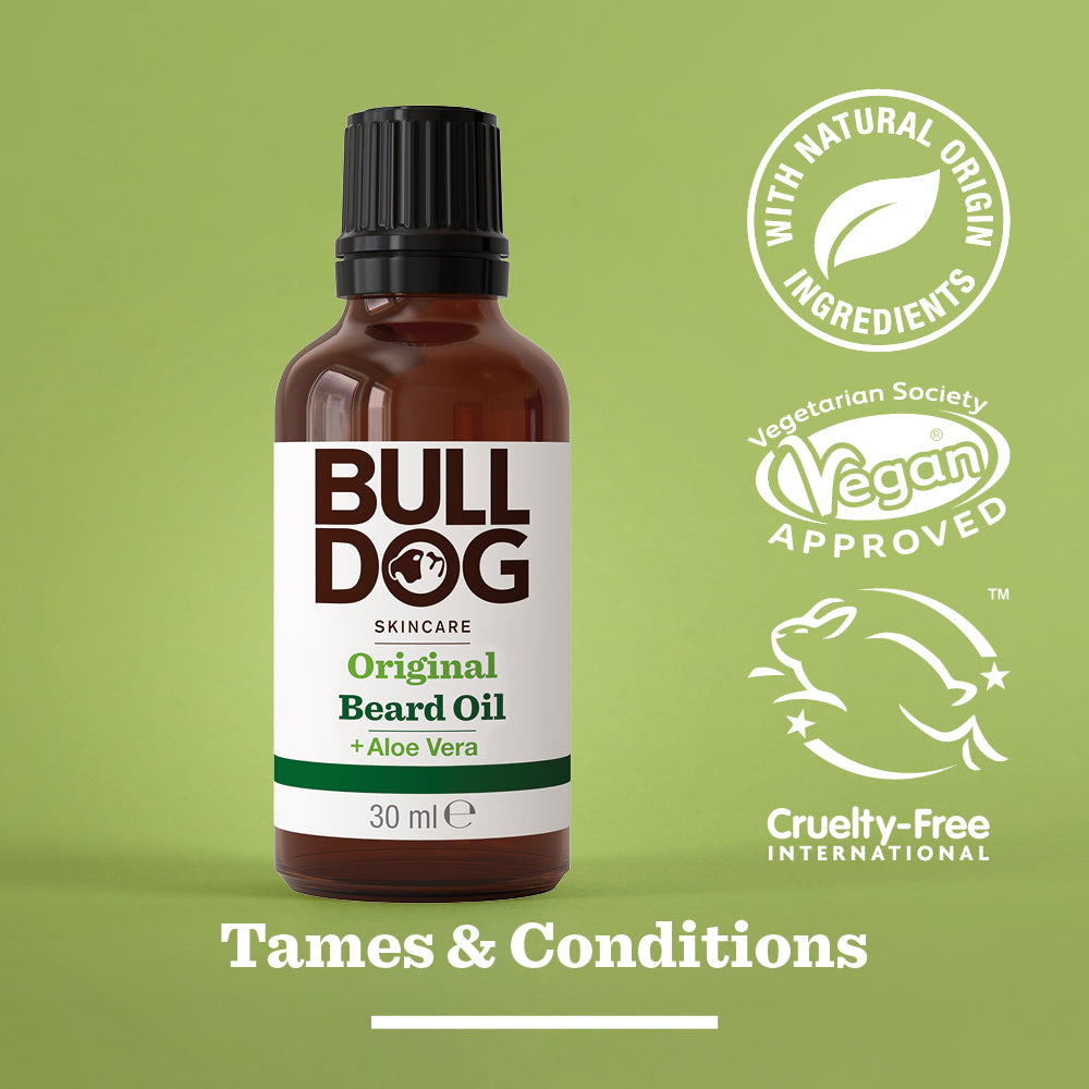 A Beard Collection Bundle is displayed on a green background with icons for natural origin ingredients, vegan, and cruelty-free certifications. Text reads Tames & Conditions.