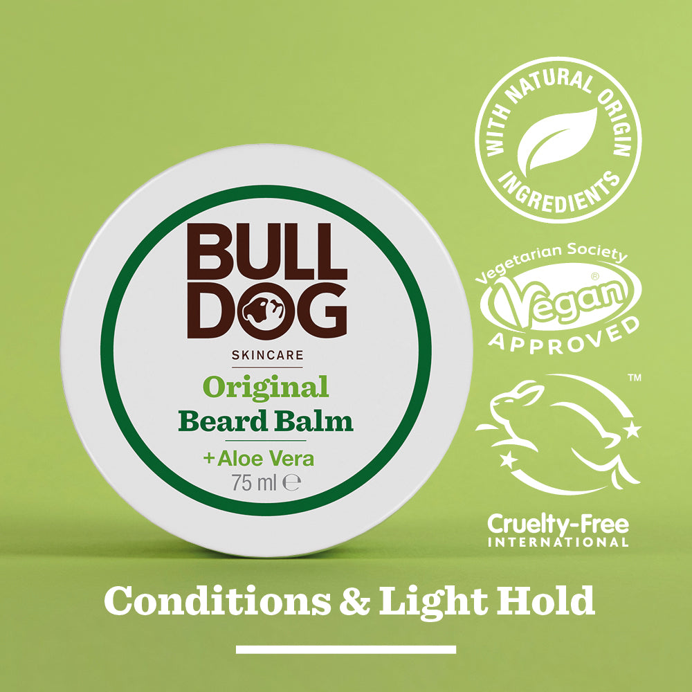 A Beard Collection Bundle is shown. Part of the Original Beard range, its labels highlight natural origin ingredients, vegan approval, and cruelty-free. Text at the bottom reads Conditions & Light Hold.