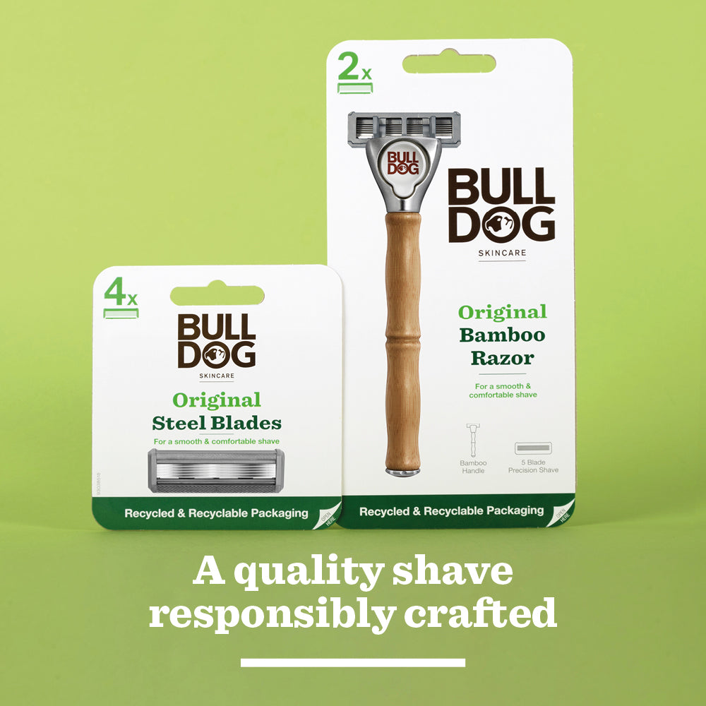 A Bulldog Skincare bamboo razor in packaging is next to a pack of four Bulldog Original Steel Blades. The tempered steel blades are shown on a green background with the text, “A quality shave responsibly crafted.”.
