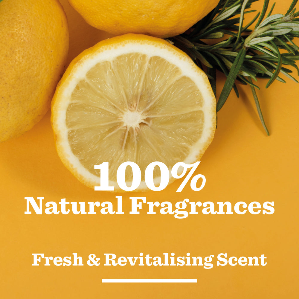 Lemon & Bergamot Shower Gel: 100% natural fragrances with a fresh, revitalising scent. Perfect for mens skincare and shower gel routines. Features lemon halves and rosemary sprigs on a yellow background.