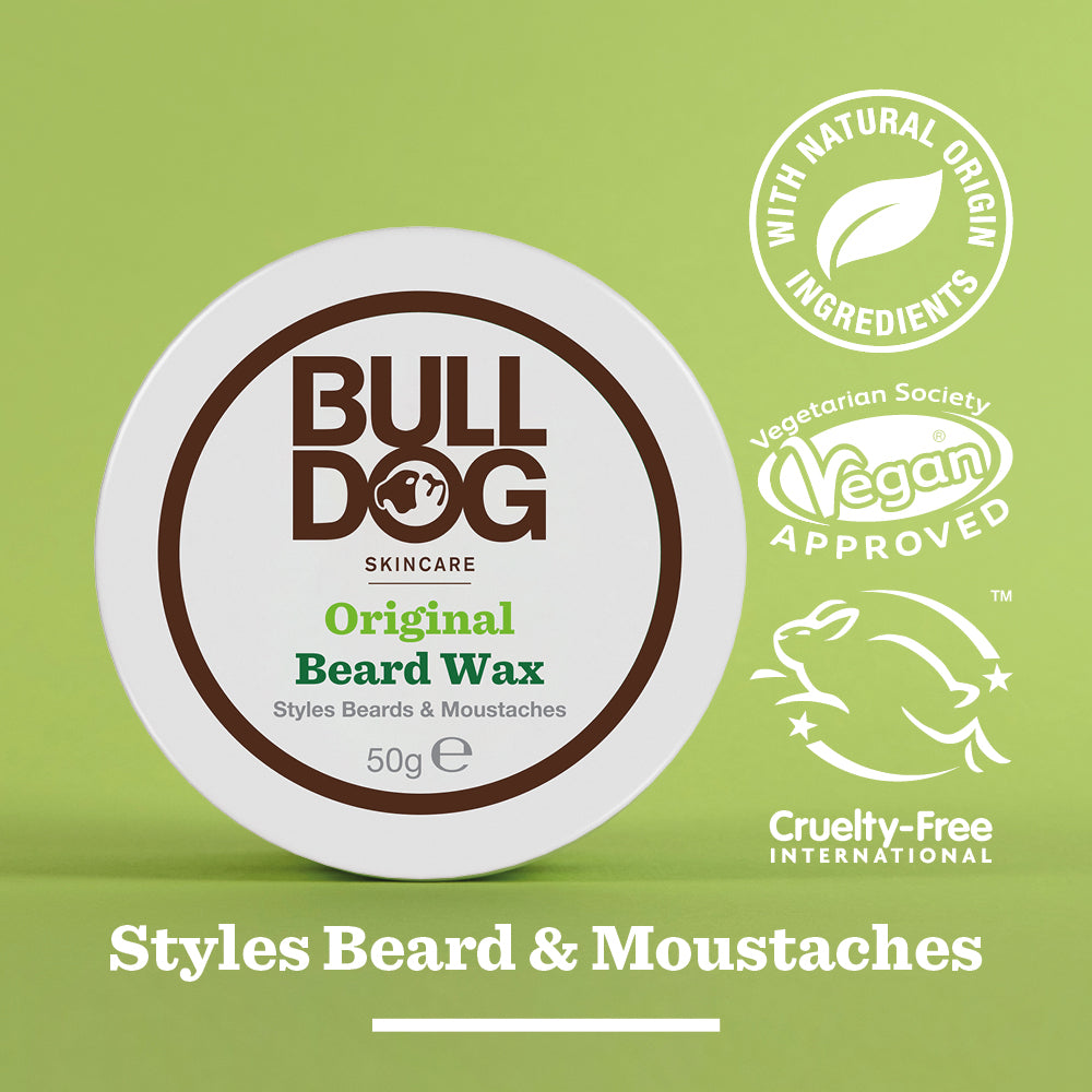Original Beard Wax on a green background, featuring its moisturising formula with natural origin ingredients. Vegan-approved, cruelty-free, and perfect for styling beards and moustaches.