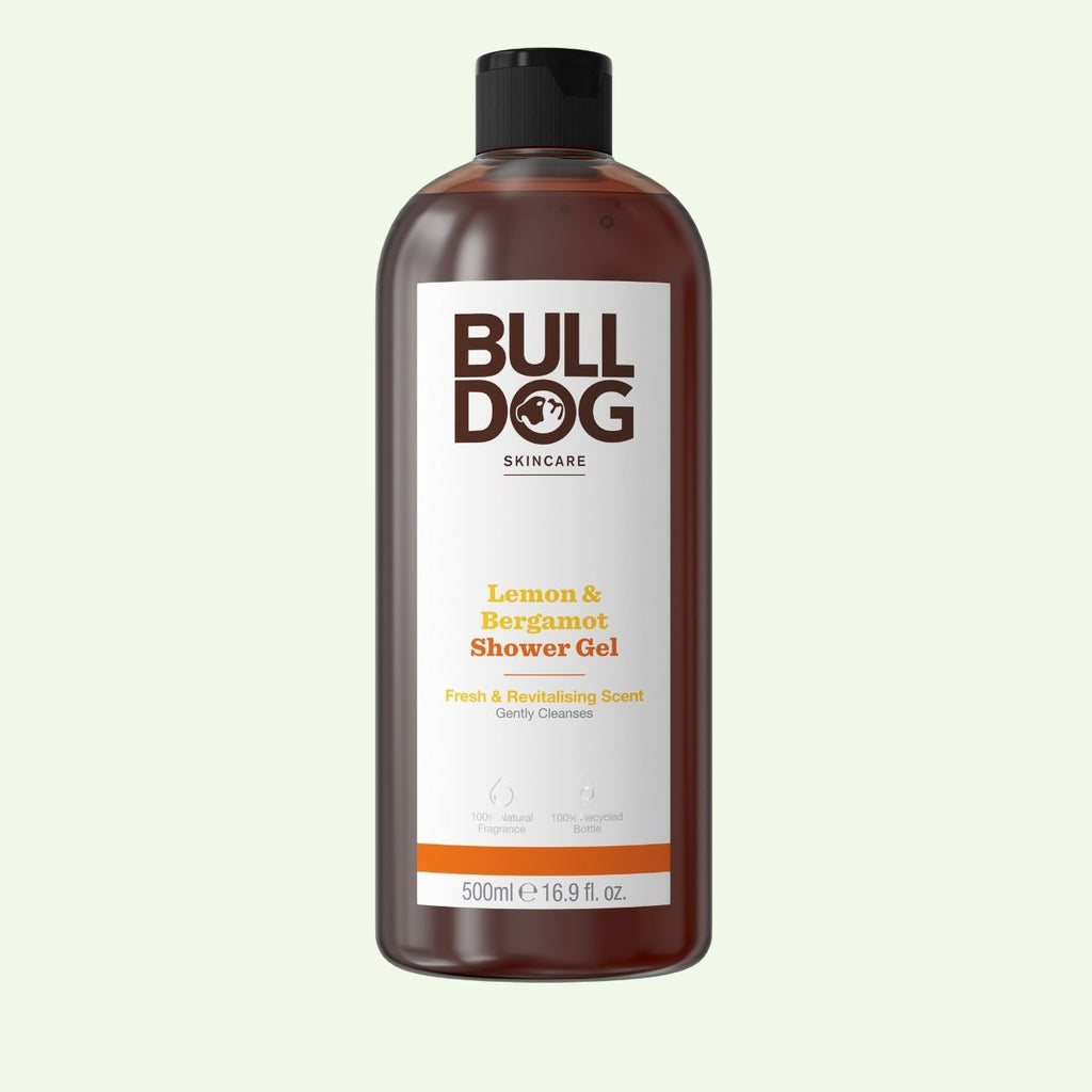 A clear plastic bottle of Lemon & Bergamot Shower Gel with a black cap and white label, 500 ml, offering a fresh, natural scent and gentle cleansing for mens skincare routines.