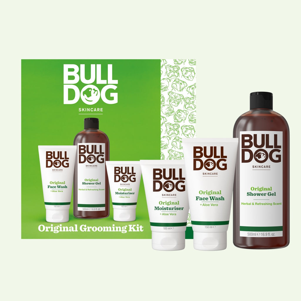 The Original Grooming Kit features Bulldog Skincare face wash, shower gel, and moisturizer in bottles and tubes, all presented in front of a green box with the Bulldog logo—ideal for upgrading any men's skincare routine.