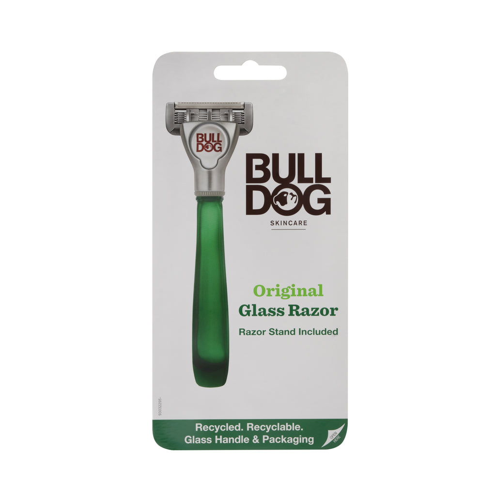 The Original Glass Razor comes in green packaging with a recycled glass handle, razor stand, and plastic-free packaging. It features the Bulldog logo and promises a close, comfortable shave.