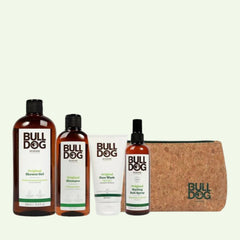 The Hair Styling Salt Spray Bundle for men’s grooming includes shower gel, shampoo, face wash, Hair Styling Salt Spray, and a brown Bulldog toiletry bag with logo, all showcased against a light background.