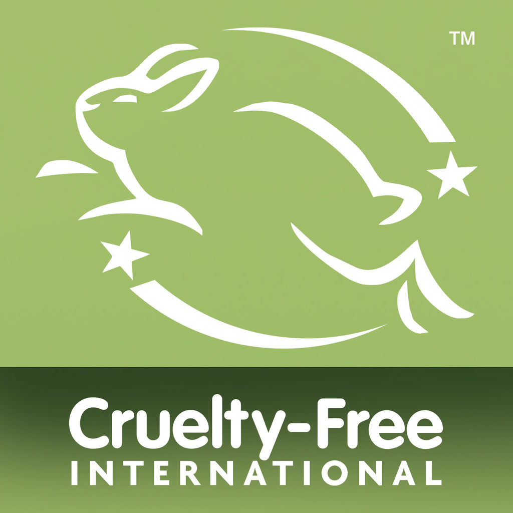 A white outline of a leaping rabbit with stars on a green background appears above Cruelty-Free International in bold white, symbolizing our environmentally conscious Original Shave Soap made with natural origin ingredients.